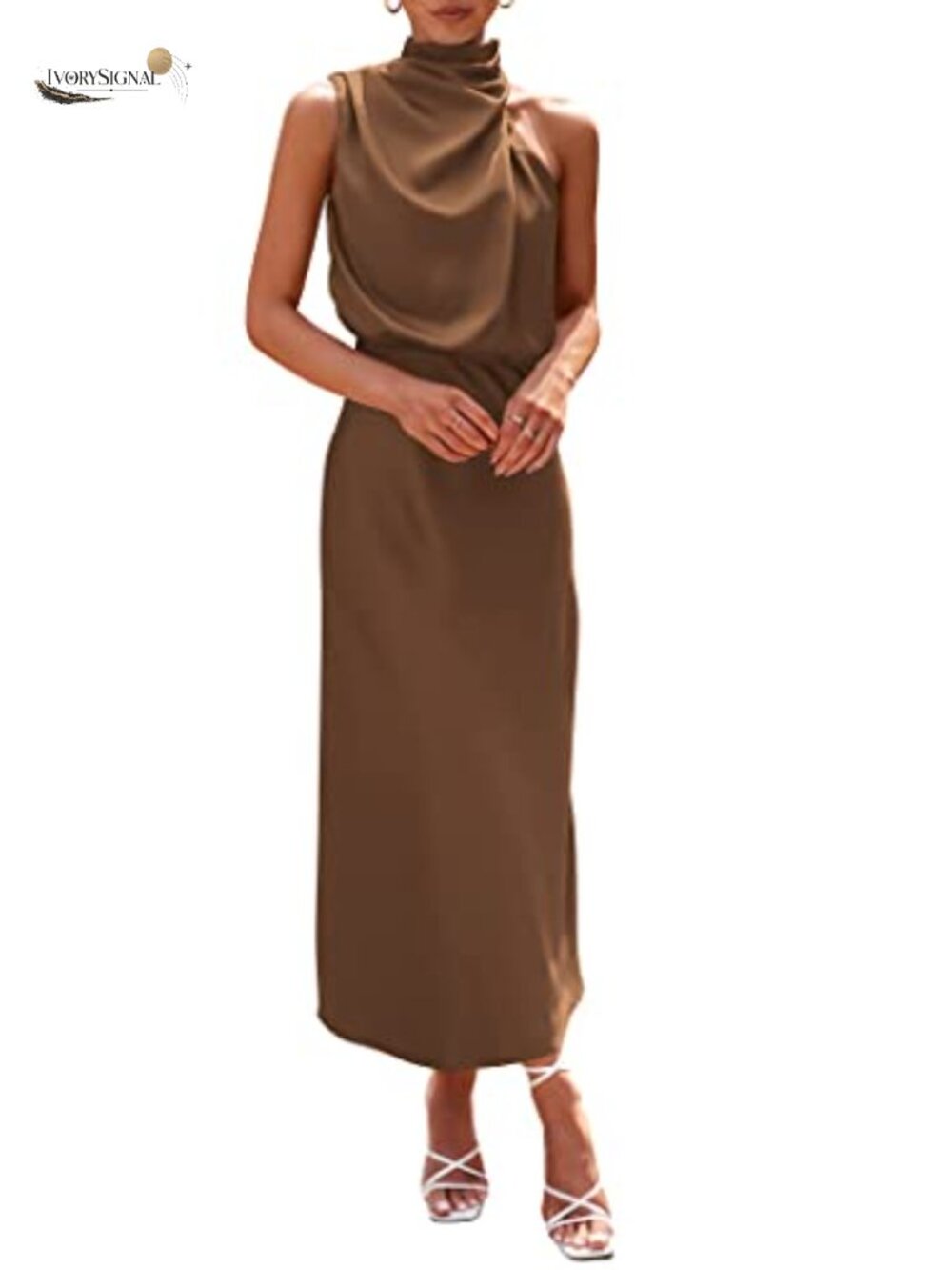 Women's Satin Maxi Dress Sleeveless Mock Neck Fit & Flare Cocktail Party